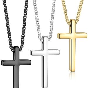 3 piece men's silver, black and gold cross necklace