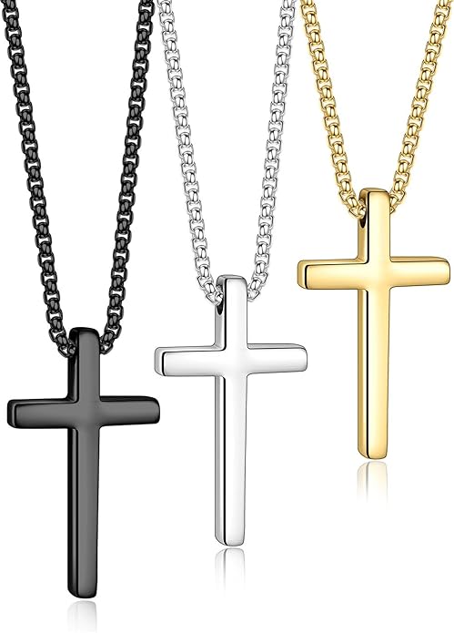 3 piece men's silver, black and gold cross necklace