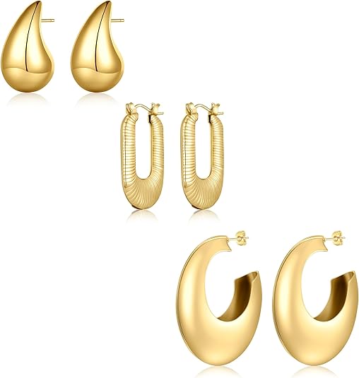 3 piece gold plated hoop earrings for women