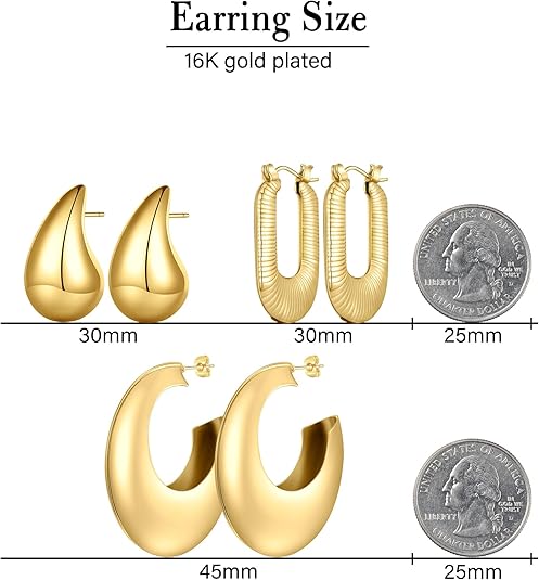 3 piece gold plated hoop earrings for women