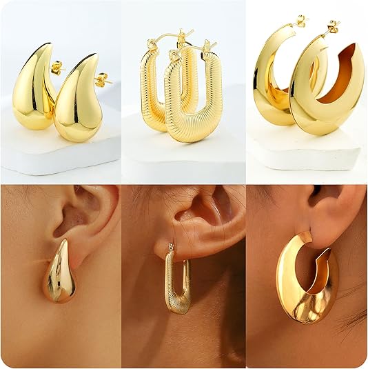 3 piece gold plated hoop earrings for women